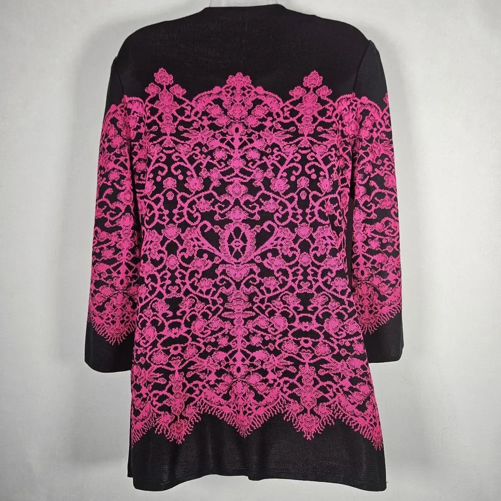 Misook Cardigan‎ Womens M Acrylic Knit Sweater Floral Lace Black Fushsia Office